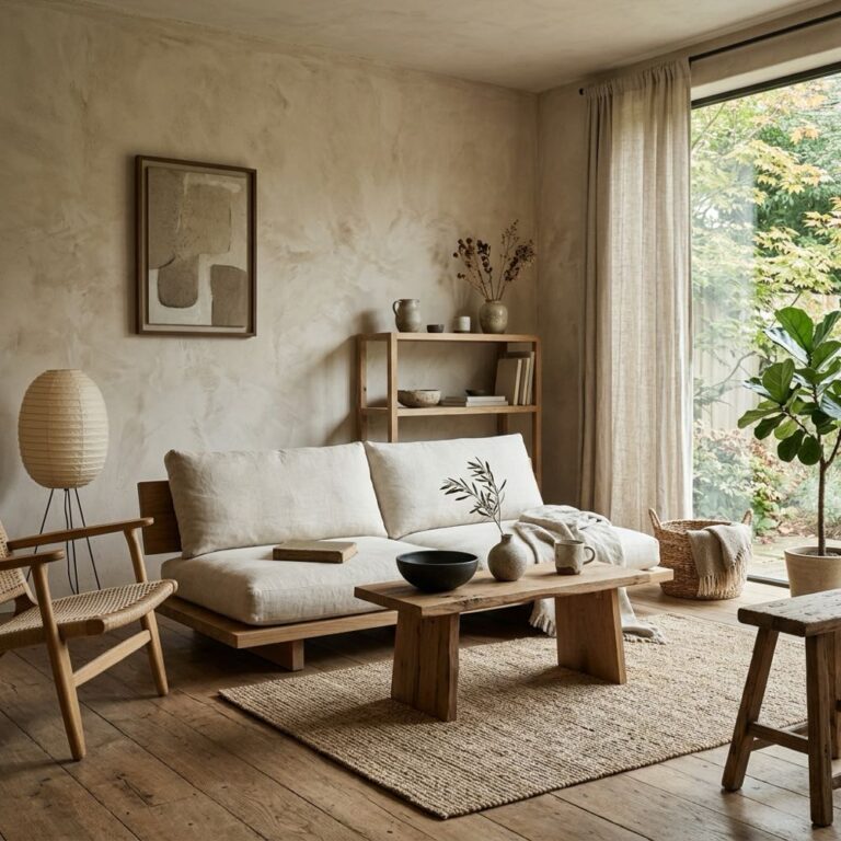A minimalist living room showing wabi sabi living room design with textured plaster walls, low-profile oak furniture, and simple organic pottery.