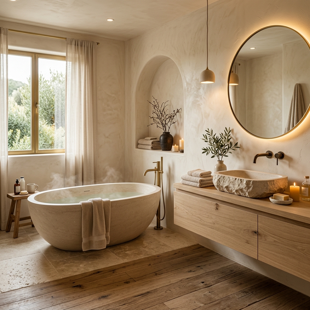 The Warm Minimalist Spa Bathroom: Staging with Clay Plaster & Sculptural Stone