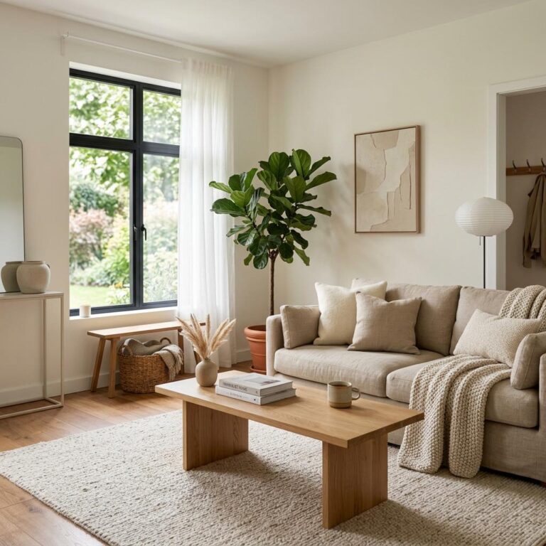 A cozy warm minimalist living room styled with a beige linen sofa, oak coffee table, and soft textured rug.