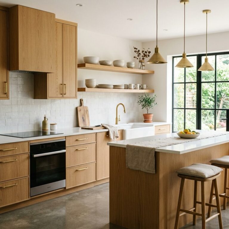 A bright modern kitchen showcasing flat-panel white oak warm wood kitchen cabinets and unlacquered brass hardware.