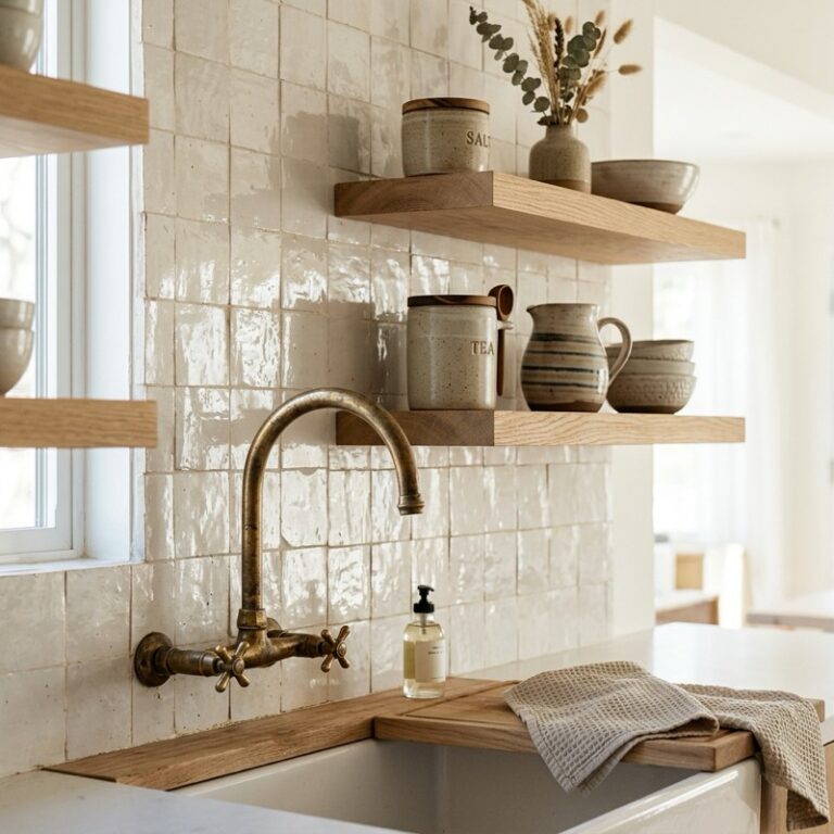 A close-up of a kitchen showing textured glossy off-white Moroccan Zellige tiles on the backsplash.