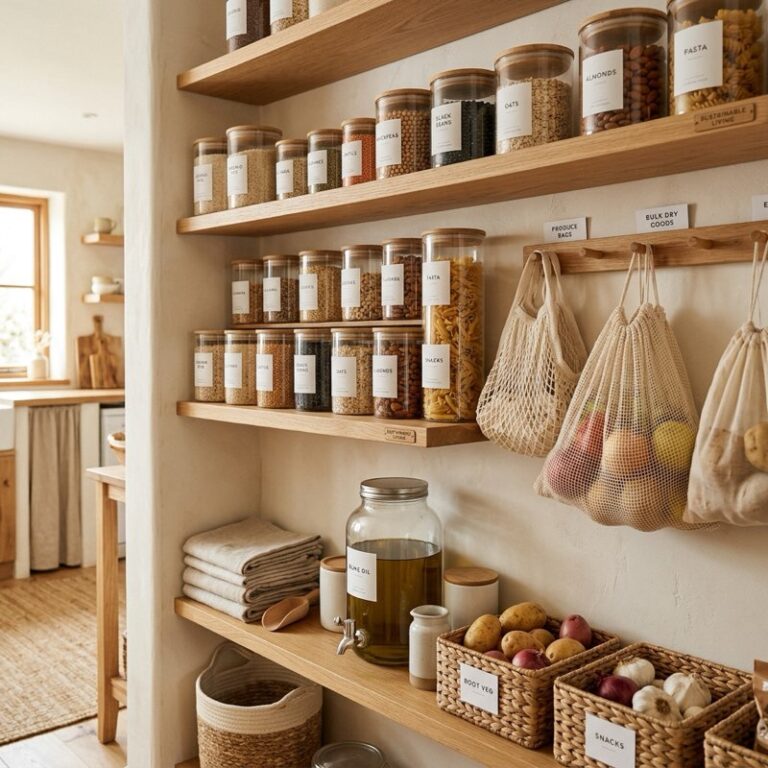 An organized zero-waste kitchen pantry displaying bulk grains decanted in glass jars and cotton produce bags.