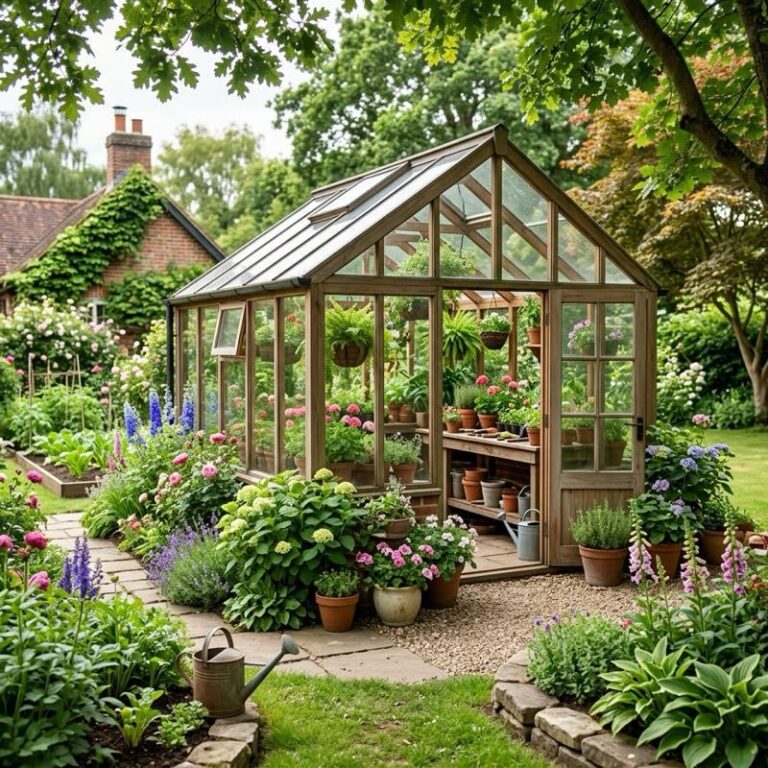 A beautiful backyard garden featuring an aesthetic garden greenhouse with glass panels, packed with potted plants and a small potting bench.