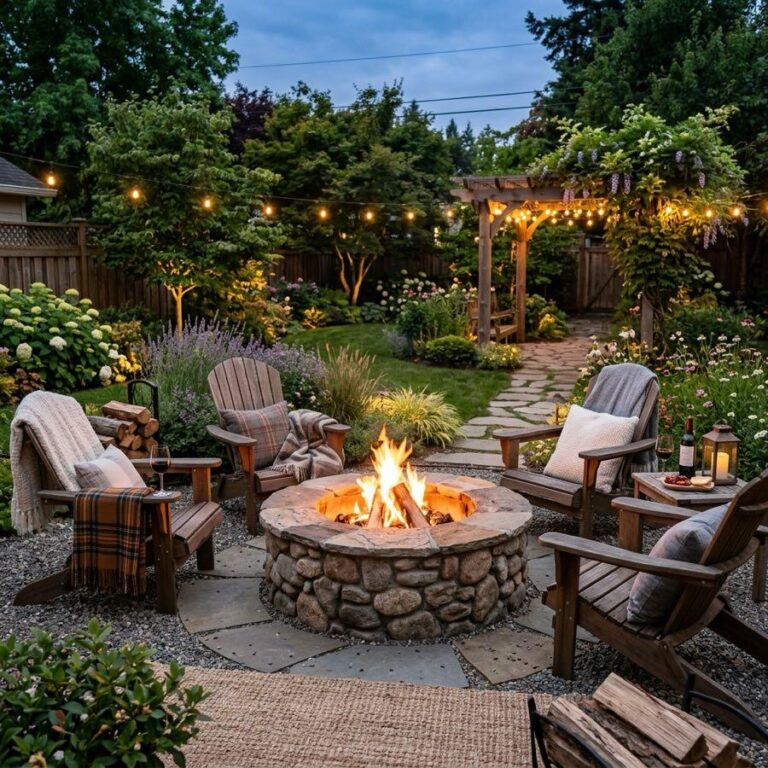 A cozy evening yard showing backyard fire pit designs with a round stone fire pit surrounded by four wooden Adirondack chairs. Premium garden photography.