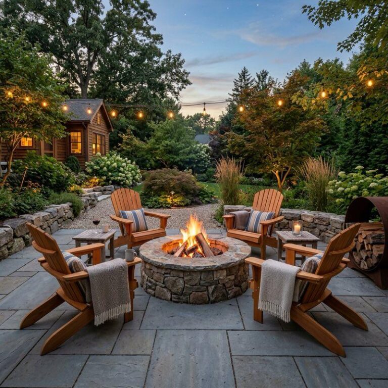 A beautiful evening patio showcasing backyard fire pit ideas with matching wooden Adirondack chairs arranged symmetrically around a circular stone fire pit.
