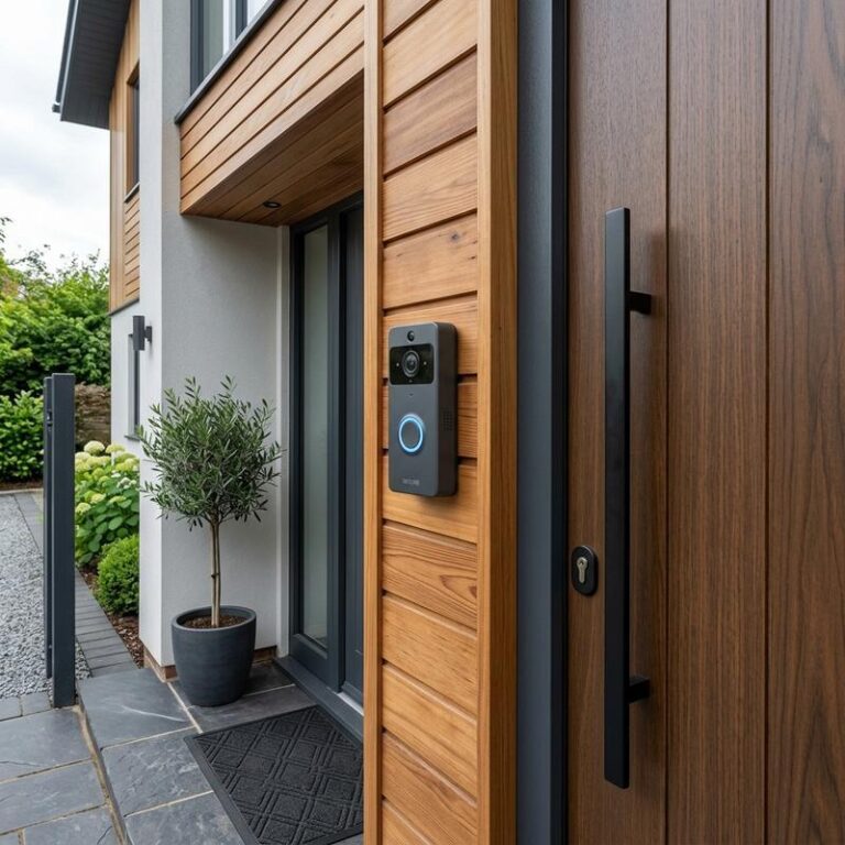 A modern home entryway highlighting the best smart video doorbells with a sleek dark grey video camera mounted next to a wooden front door.