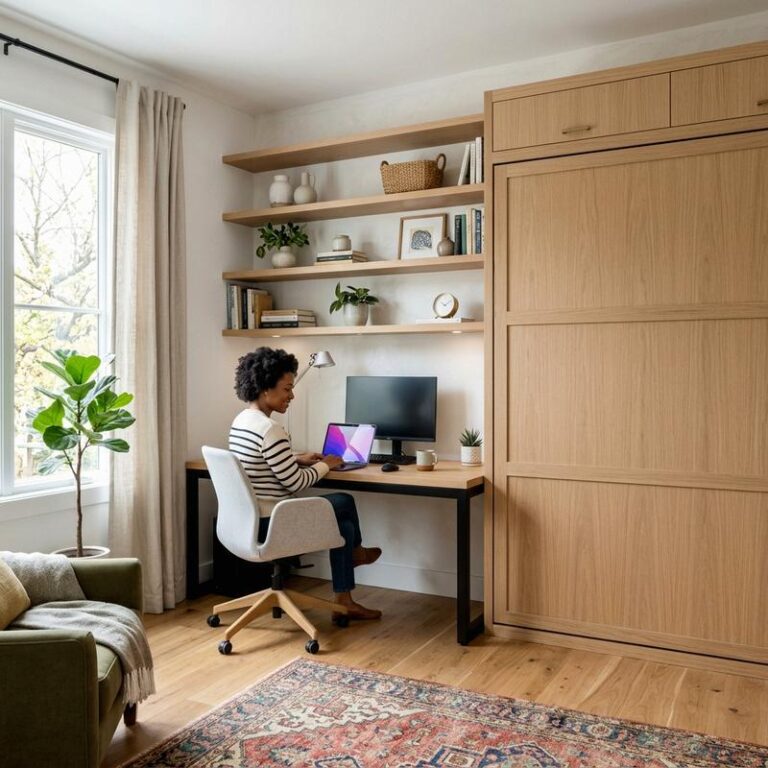 A bright room displaying converting guest room to office setups with a built-in white oak Murphy bed folded up, revealing a integrated desk and shelves.
