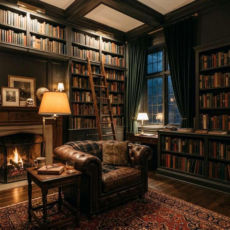 A cozy and moody library-style living space featuring dark academia living room decor with floor-to-ceiling bookshelves, a leather armchair, and warm lamp lighting.