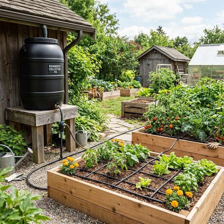 A sustainable garden showcasing a drip irrigation rainwater collection setup with a raised rain barrel gravity-feeding water to a clean drip line grid in vegetable beds.