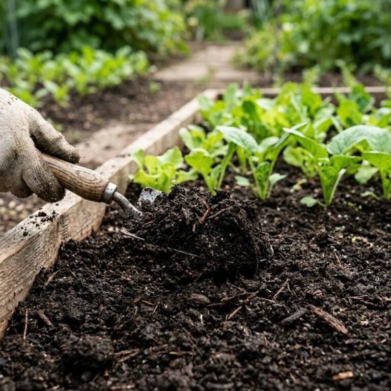 A high-quality close-up of rich, dark organic compost soil being prepared in a raised garden bed with a small wooden hand trowel.