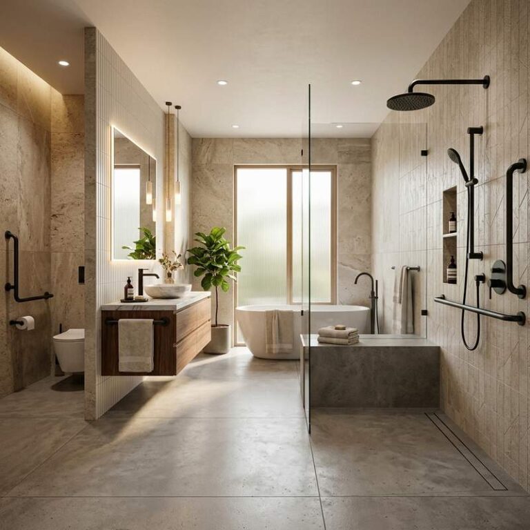 A modern accessible bathroom displaying stylish grab bars and safety features with matte black stainless steel support bars mounted near a curbless walk-in shower.