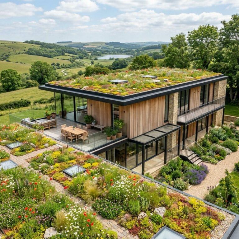 A beautiful architectural home showcasing green roof design ideas with a flat roof covered in green sedum plants and wildflowers.