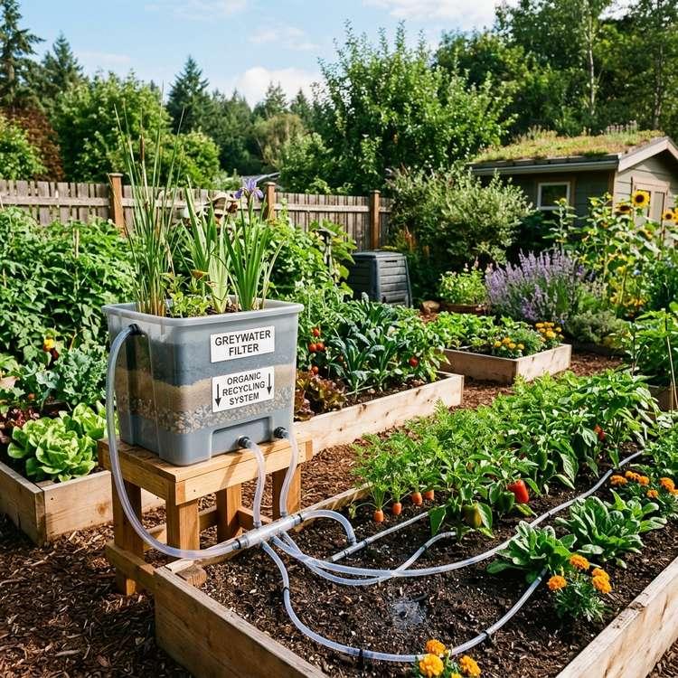 A sustainable garden irrigation setup demonstrating greywater recycling systems for home gardens with a filtration tank and drip lines.