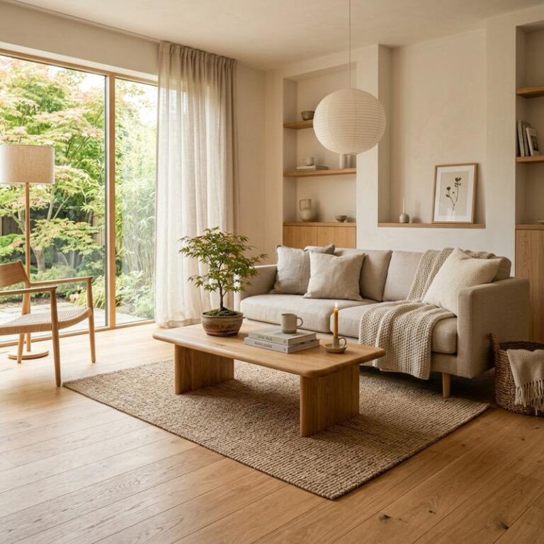 A cozy minimalist Japandi style living room with warm light wood flooring, a low-profile beige sofa, simple oak coffee table, soft linen textures, and a small potted bonsai plant.