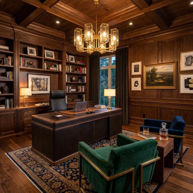 An executive study showing luxury home office design with dark walnut paneling, a custom leather-wrapped executive desk, velvet armchairs, and a modern chandelier.