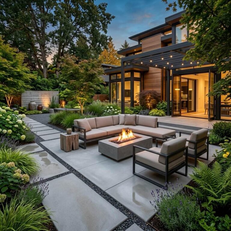 A luxury backyard landscaping showing modern concrete patio ideas with smooth concrete slabs, minimalist outdoor furniture, and a low fire pit.