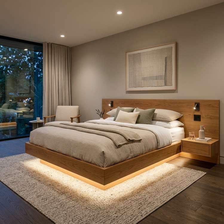 A minimalist bedroom showing modern floating bed frame ideas with an oak bed frame that appears to hover above the floor with under-bed LED strip lighting.