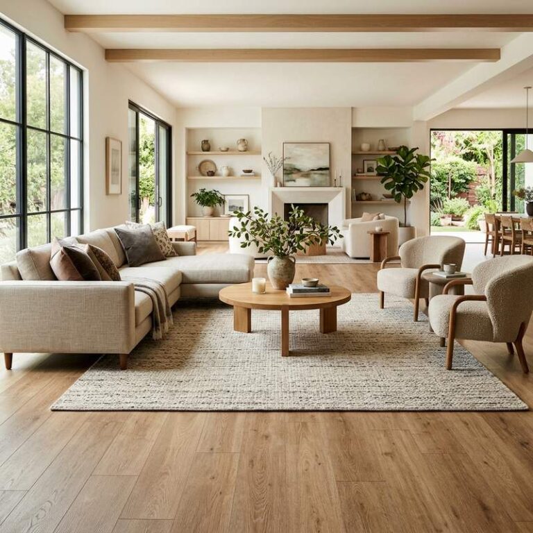A bright living room illustrating non-slip flooring solutions with textured luxury vinyl plank flooring, flat-weave wool rugs, and low-pile carpet.