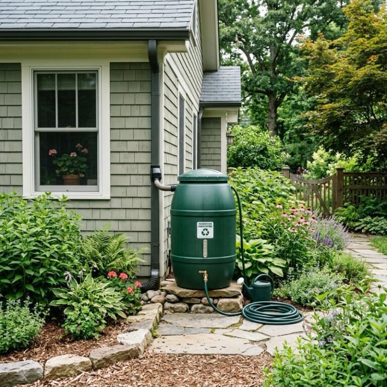 A clean eco-friendly rainwater harvesting rain barrel collector tank standing next to a home gutter downspout, surrounded by green garden plants, sustainable home setup.