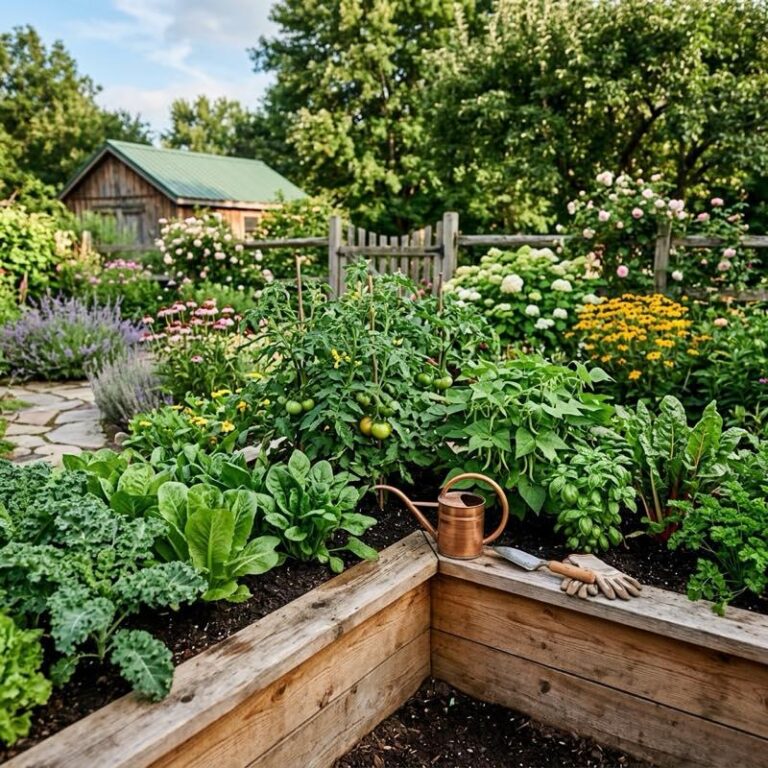 A beautiful backyard raised garden bed built with natural cedar wood, filled with rich dark compost soil and healthy growing vegetable plants under warm sun.