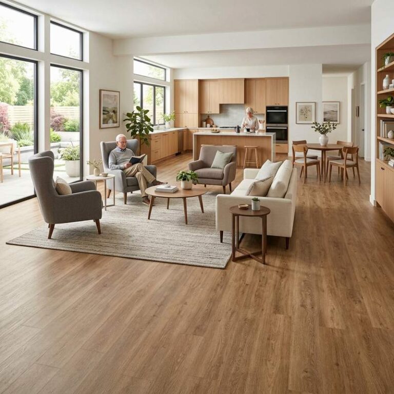 A modern open-concept living area showcasing slip resistant flooring for seniors with textured luxury vinyl plank flooring and low-pile wool area rugs.