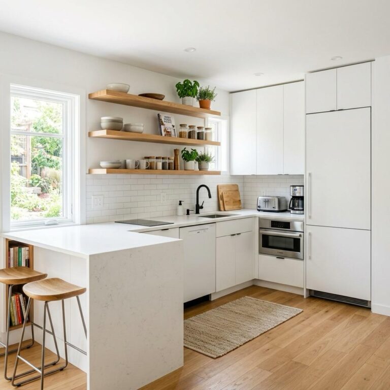 A bright modern kitchen demonstrating small kitchen remodel tips with custom floating oak shelves, sleek white cabinets, and space-saving appliances.