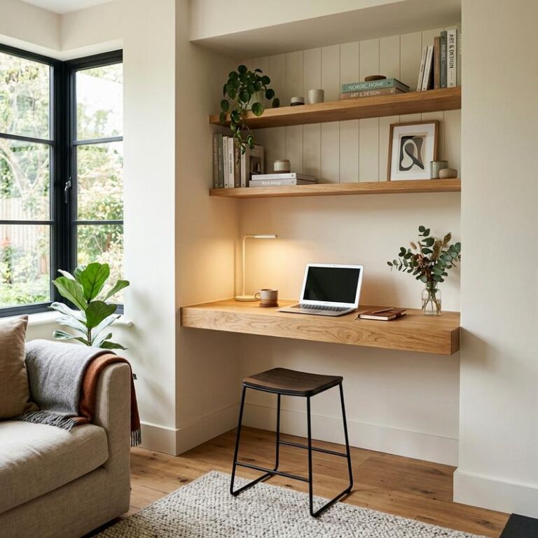 A cozy living room corner showing small space home office solutions with a wall-mounted floating desk, open shelving, and a sleek task stool.