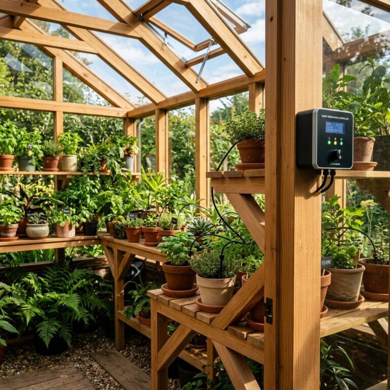 A wooden frame smart greenhouse filled with plants, featuring automated vent openers and digital soil moisture controllers.