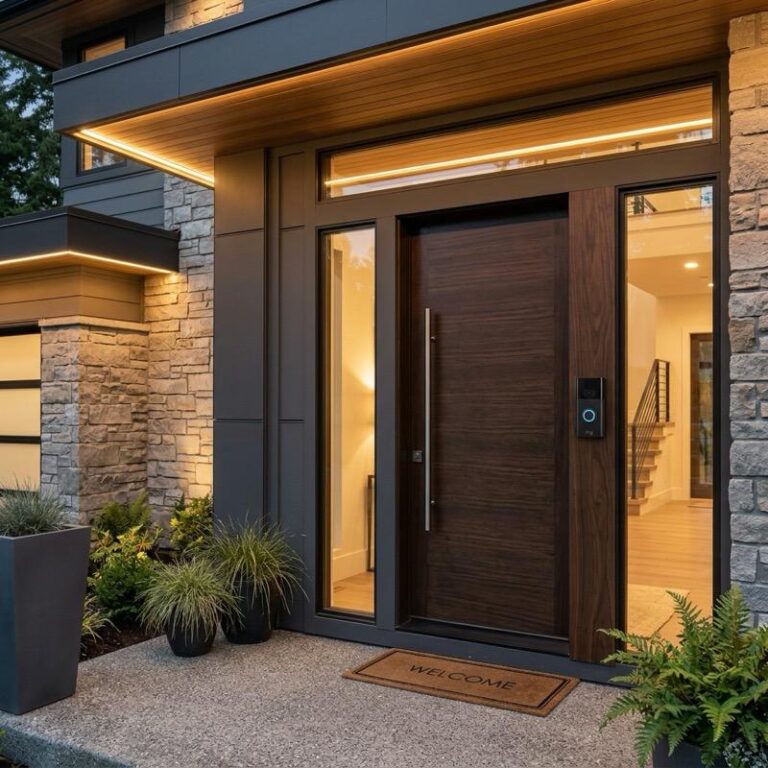 A modern house entrance highlighting smart home security setups with a sleek smart video doorbell mounted on a dark wood door frame under warm outdoor lighting.