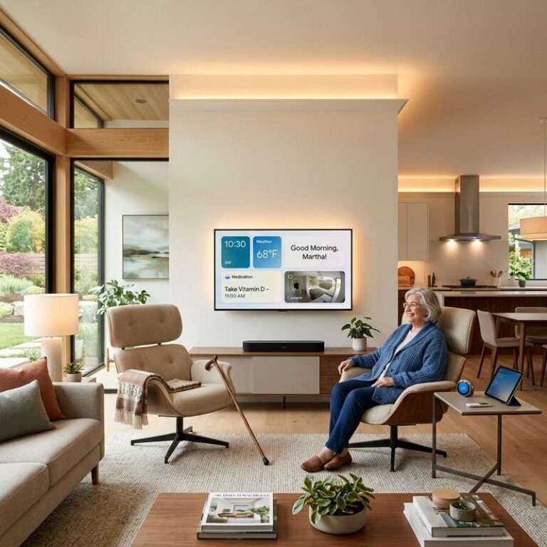 A modern living space showcasing smart home tech for seniors with a wall-mounted smart display screen, voice-controlled smart lighting, and automated fall detection sensors.