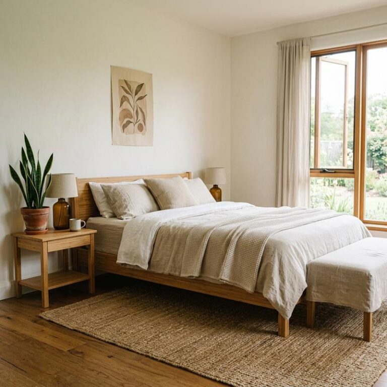 A serene master bedroom demonstrating sustainable bedroom design ideas with organic linen sheets, a bamboo headboard, and natural woven seagrass rug.