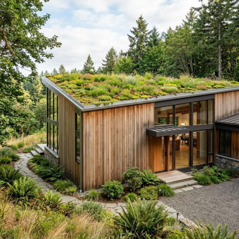 A modern house exterior showcasing sustainable home construction materials with cedar siding, energy-efficient windows, and a green living roof.
