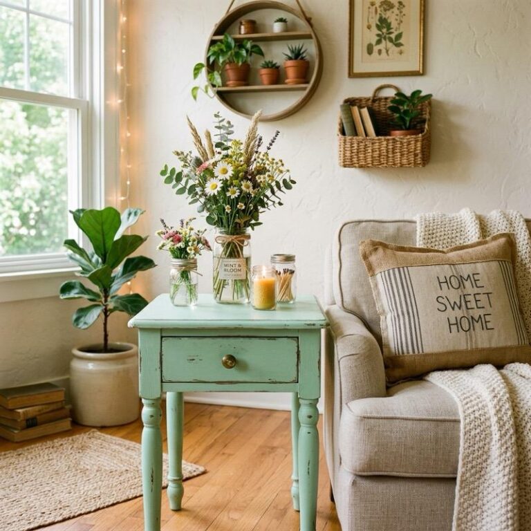 A bright cozy living room corner showing creative upcycled home decor, featuring a repainted mint green vintage wooden side table, glass mason jars repurposed as decorative flower vases.