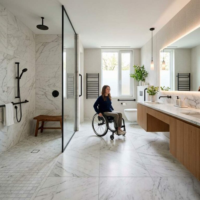 A spacious bathroom showcasing wheelchair accessible bathroom design with a curbless roll-in shower, wall-hung floating vanity, and a 60-inch turning radius.