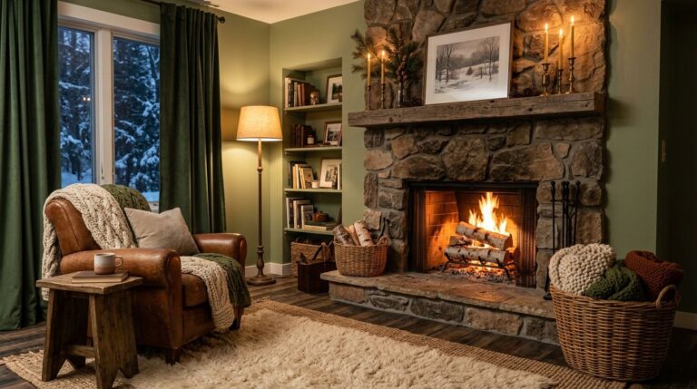Cozy winter living room with crackling fireplace hearth stacked logs and warm lighting