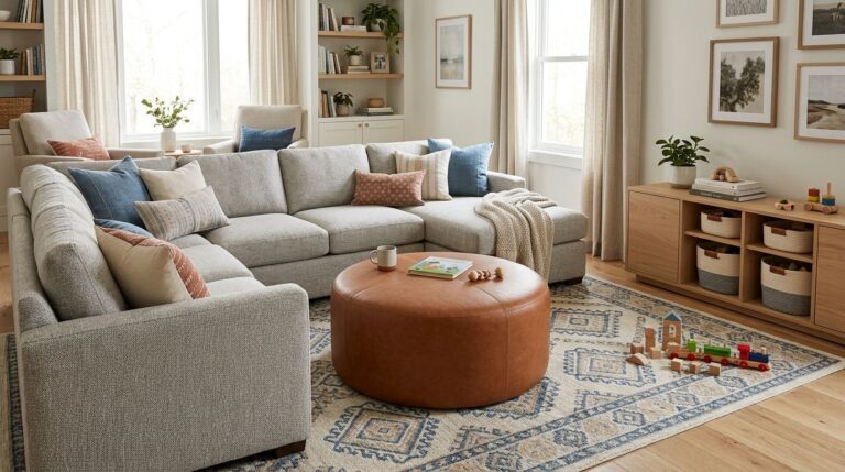 Family-friendly living room with stain resistant Crypton performance sectional and round ottoman