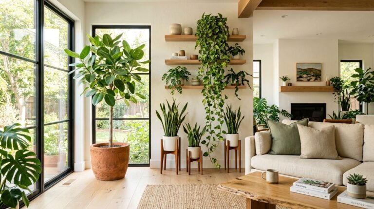 Biophilic indoor plant decor with Ficus Audrey tree and trailing Pothos in living room