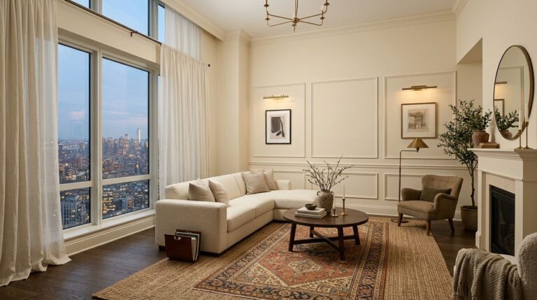 Luxury penthouse living room decorated on a budget with color drenched walls and linen drapes